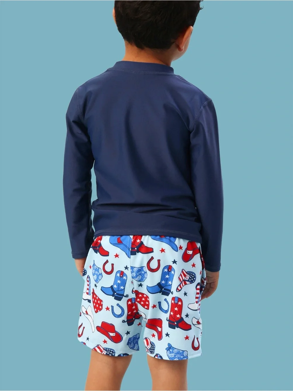 Ruggedbutts Boys Light Blue Spurs Cowboy Print Swim Trunks 2T